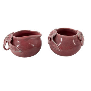 Vintage KTK California Art Pottery Sugar Bowl & Creamer Set of 2 Floral Leaf '79